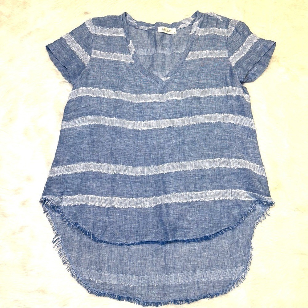 Bella Dahl Striped Top Womens Size S Blue Linen Blend Frayed High Low Hem